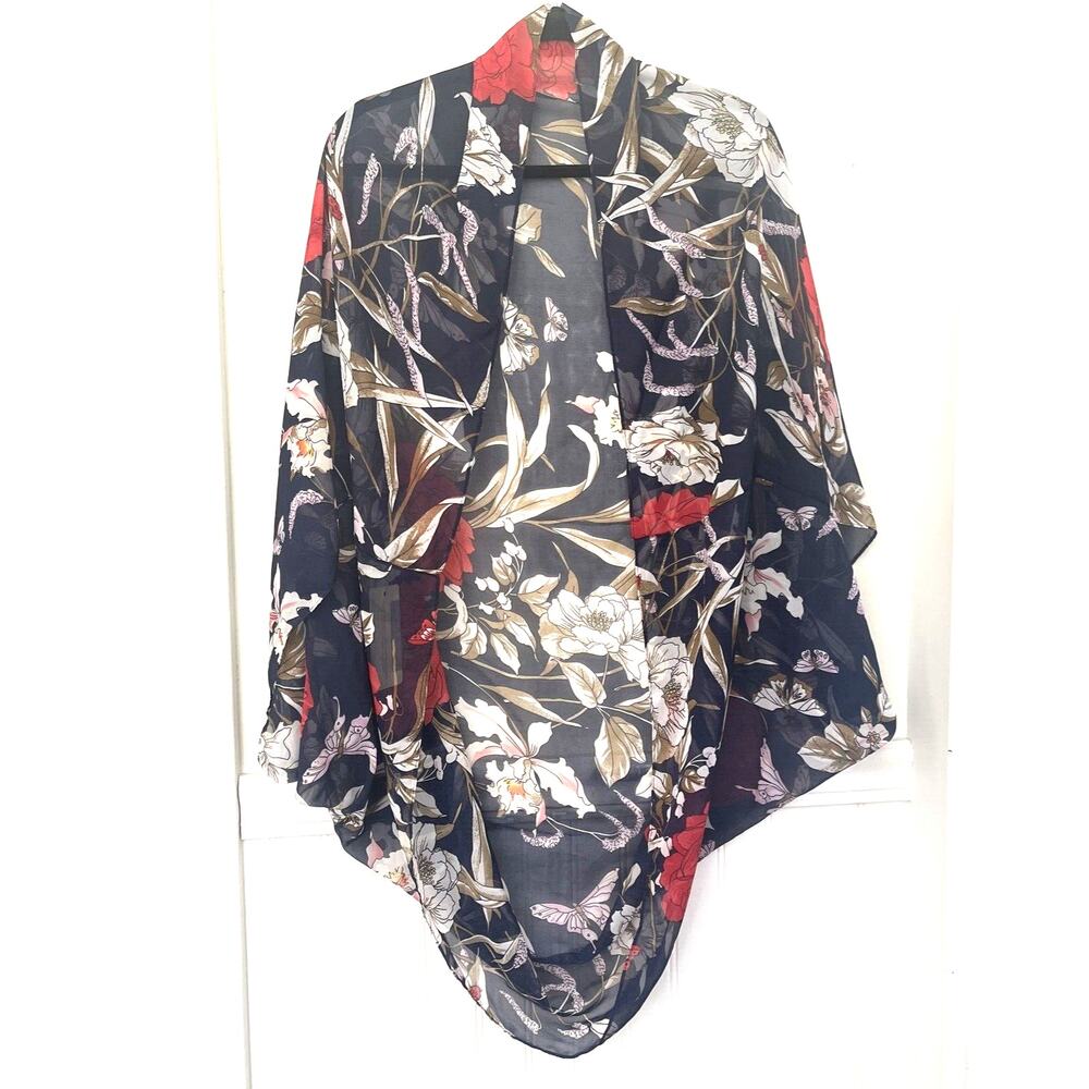 Life is Beautiful Shrug Floral Print Blue Kimono Cover Up Shrug Chiffon One Size